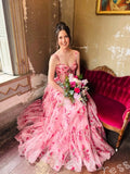Pink Rose Floral Print Spagehhti Straps Chiffon A-Line Prom Dress with Flower