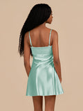 Mint Green Slip Mini Dress Square Neck Ruched Bust Thin Spaghetti Straps Flare A-Line Wedding Guest Dress