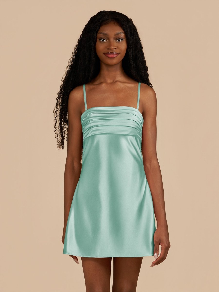 Mint Green Slip Mini Dress Square Neck Ruched Bust Thin Spaghetti Straps Flare A-Line Wedding Guest Dress