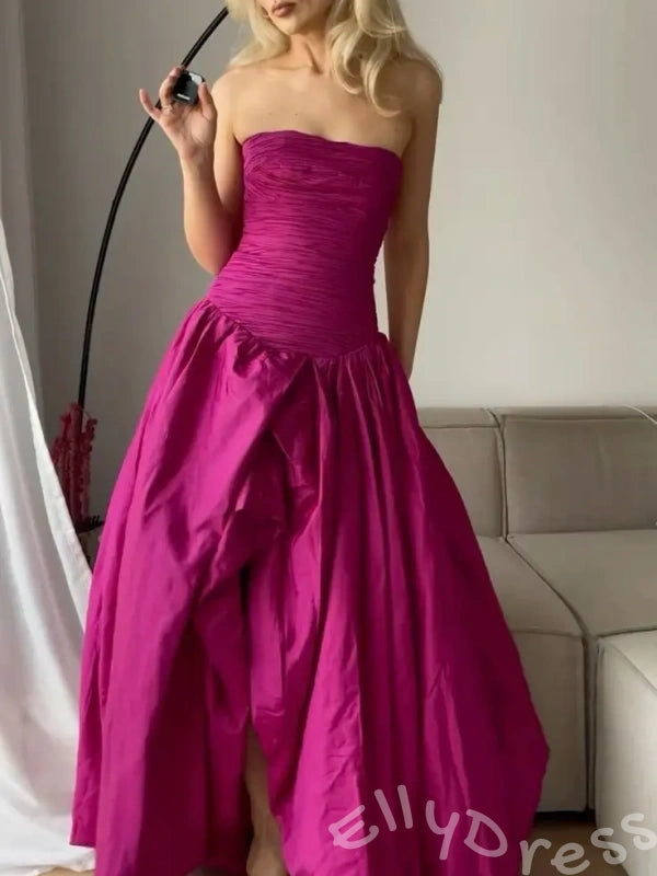 Fuchsia Strapless Straight Neck Satin Vertical Ruched Bodice Oversized A-Line Ball Gown Prom Dress with Drop Waist Front High Slit and Minimalist French Style