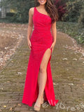 Royal Blue One Shoulder Glitter Stretch Mermaid Prom Dress with All-Over Sequin Fabric Side High Slit Cutout Back Criss Cross Straps and Sweep Train