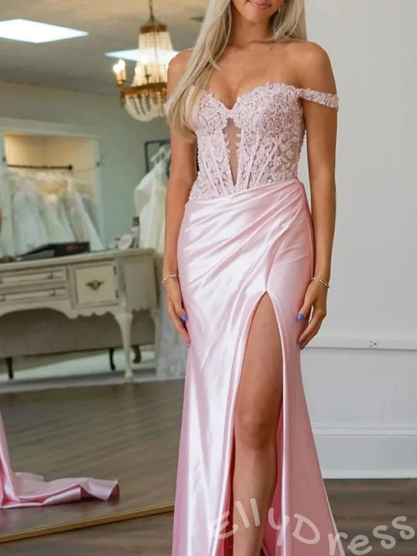 Blush Pink Off-Shoulder Sweetheart Sheer Lace Corset Satin Mermaid Prom Dress with Ruched Side High Slit and Lace-Up Back