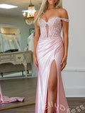 Blush Pink Off-Shoulder Sweetheart Sheer Lace Corset Satin Mermaid Prom Dress with Ruched Side High Slit and Lace-Up Back
