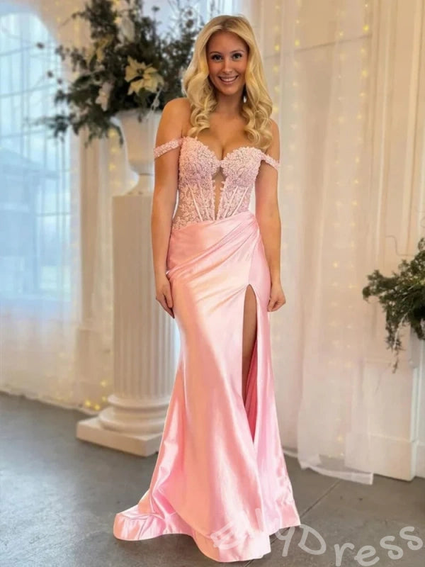 Blush Pink Off-Shoulder Sweetheart Sheer Lace Corset Satin Mermaid Prom Dress with Ruched Side High Slit and Lace-Up Back
