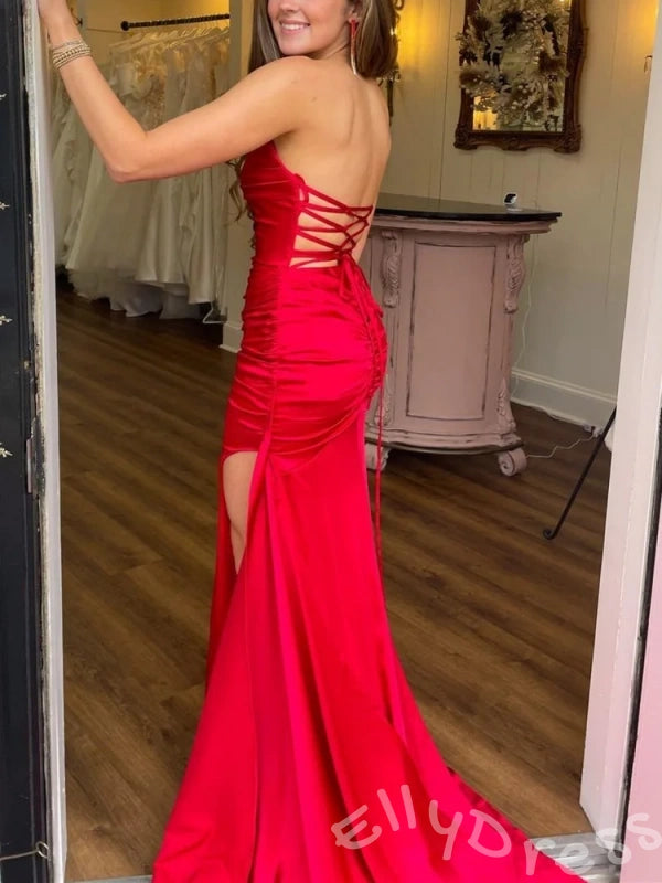 Royal Blue One Shoulder Glitter Stretch Mermaid Prom Dress with All-Over Sequin Fabric Side High Slit Cutout Back Criss Cross Straps and Sweep Train