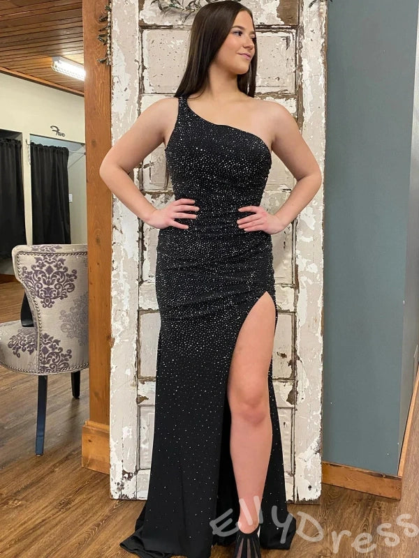 Royal Blue One Shoulder Glitter Stretch Mermaid Prom Dress with All-Over Sequin Fabric Side High Slit Cutout Back Criss Cross Straps and Sweep Train