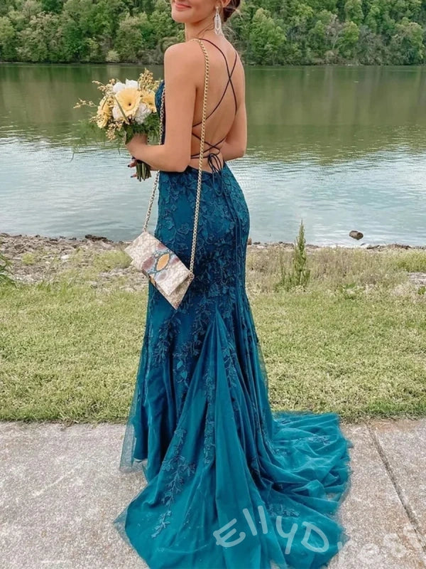Lavender Spaghetti Strap Square Neck Full Floral Lace Embroidered Fitted Mermaid Prom Dress with White Lace Overlay Lace-Up Corset Back and Sweep Train