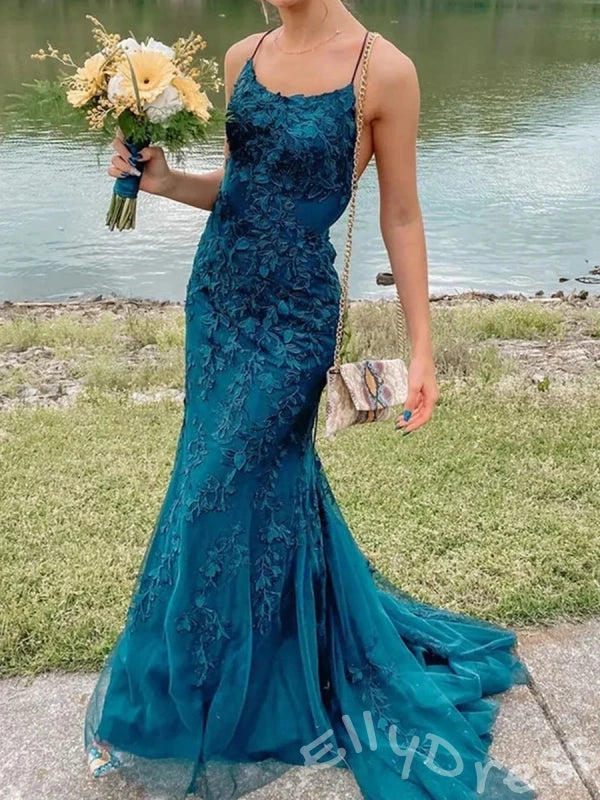 Lavender Spaghetti Strap Square Neck Full Floral Lace Embroidered Fitted Mermaid Prom Dress with White Lace Overlay Lace-Up Corset Back and Sweep Train