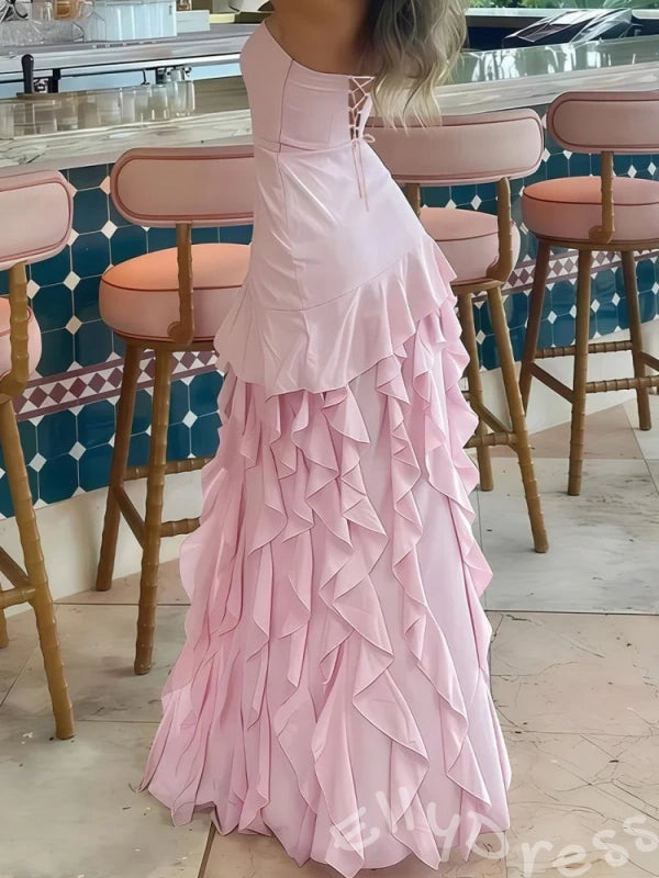 Pink Strapless Prom Dress with Tiered Ruffle Asymmetric Skirt and High Slit Hi-Lo Hem