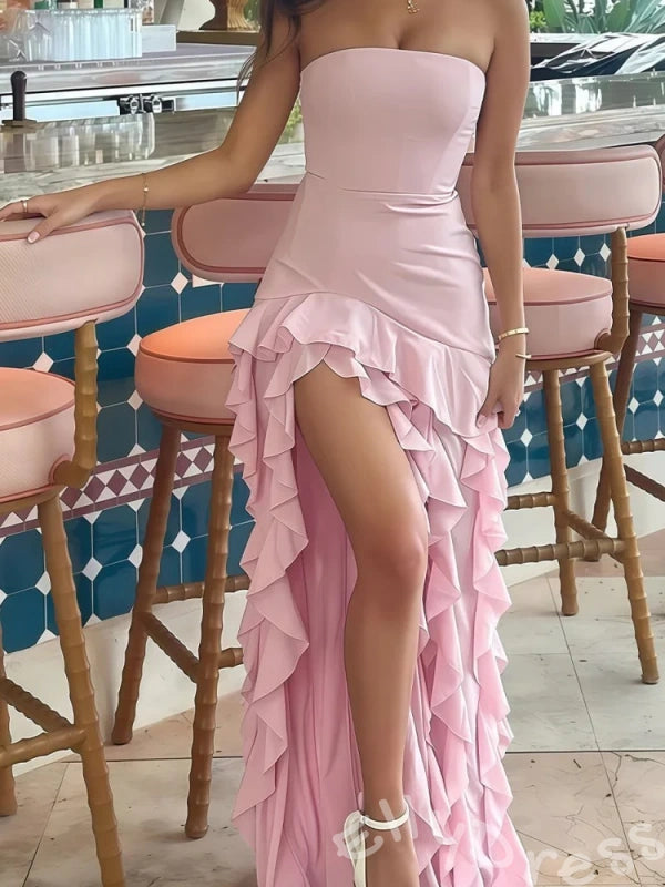 Pink Strapless Prom Dress with Tiered Ruffle Asymmetric Skirt and High Slit Hi-Lo Hem