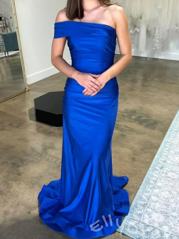 Royal Blue One Shoulder Off-Shoulder Satin Mermaid Prom Dress with Ruched Bodice Ruched Back and Sweep Train
