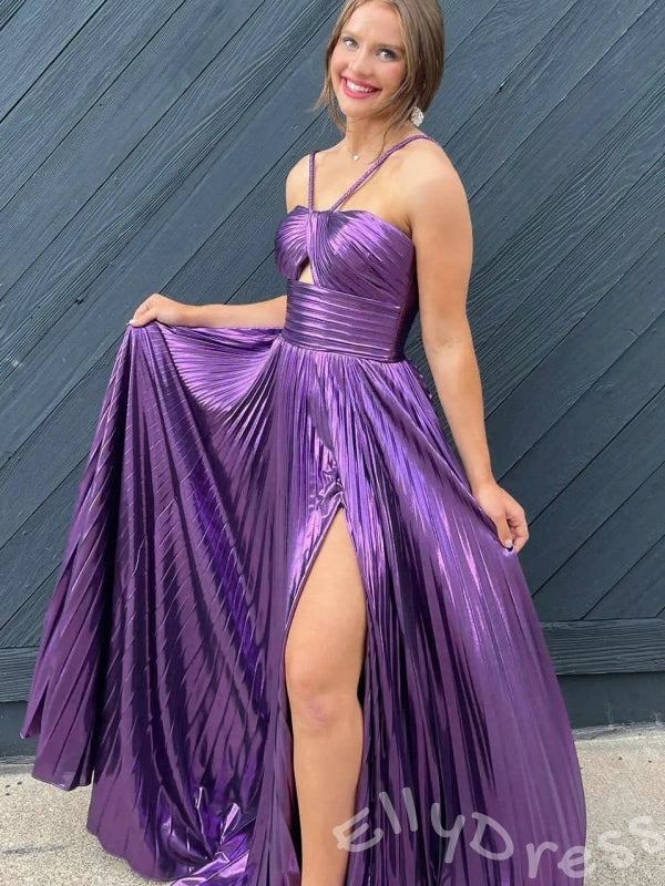 Bronze Gold Black Metallic Pleated A-Line Prom Dress with Criss Cross Halter Strap Twist Cutout Bust Side High Slit and Lace-Up Corset Back
