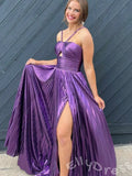 Bronze Gold Black Metallic Pleated A-Line Prom Dress with Criss Cross Halter Strap Twist Cutout Bust Side High Slit and Lace-Up Corset Back