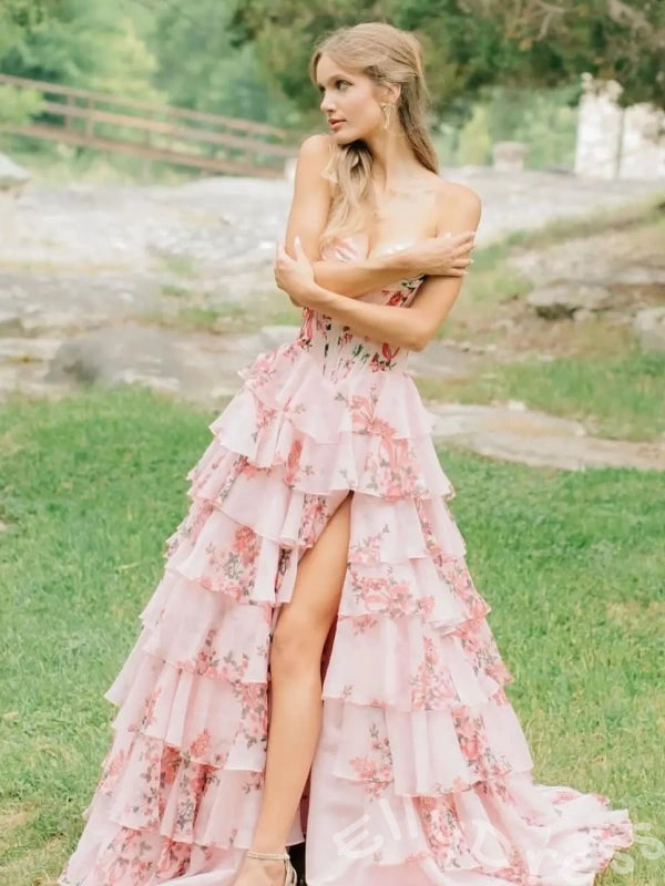 Cream Pink Rose Floral Print Strapless Sweetheart Sheer Boned Corset Bodice Seven-Tier Ruffle A-Line Prom Dress with 3D Rose Flower Detail Front High Slit and White Lace-Up Back