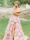Cream Pink Rose Floral Print Strapless Sweetheart Sheer Boned Corset Bodice Seven-Tier Ruffle A-Line Prom Dress with 3D Rose Flower Detail Front High Slit and White Lace-Up Back