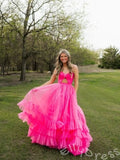Coral Pink Spaghetti Strap Sweetheart Tulle Three-Tier Ruffle A-Line Prom Dress with 3D Rose Flower Bust Sheer Lace Cutout Waist Open Back and Sweep Train