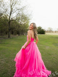 Coral Pink Spaghetti Strap Sweetheart Tulle Three-Tier Ruffle A-Line Prom Dress with 3D Rose Flower Bust Sheer Lace Cutout Waist Open Back and Sweep Train