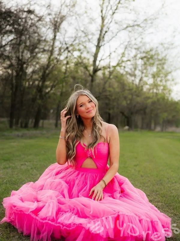 Coral Pink Spaghetti Strap Sweetheart Tulle Three-Tier Ruffle A-Line Prom Dress with 3D Rose Flower Bust Sheer Lace Cutout Waist Open Back and Sweep Train