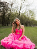 Coral Pink Spaghetti Strap Sweetheart Tulle Three-Tier Ruffle A-Line Prom Dress with 3D Rose Flower Bust Sheer Lace Cutout Waist Open Back and Sweep Train