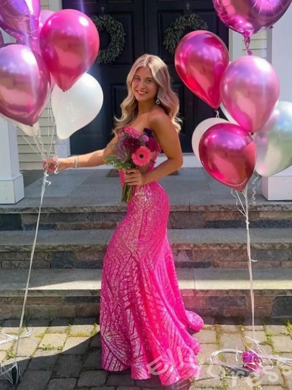 Hot Pink One Shoulder Full Geometric Chevron Sequin Embroidered Mermaid Prom Dress with Sheer Mesh Base Open Back and Sweep Train