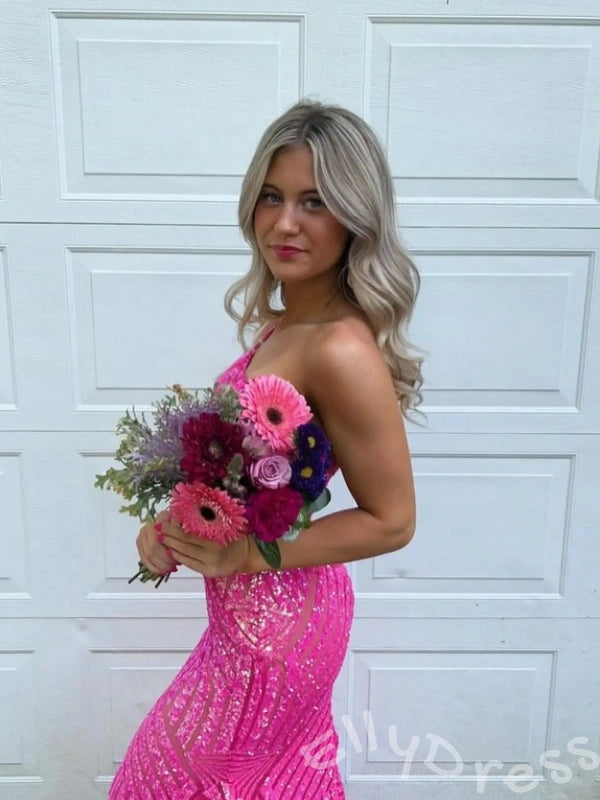 Hot Pink One Shoulder Full Geometric Chevron Sequin Embroidered Mermaid Prom Dress with Sheer Mesh Base Open Back and Sweep Train