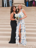 Blue Floral Print Wide Tie Strap Sweetheart Five-Tier Ruffle A-Line Prom Dress with Bow Shoulder Straps Corset Bodice and Open Back