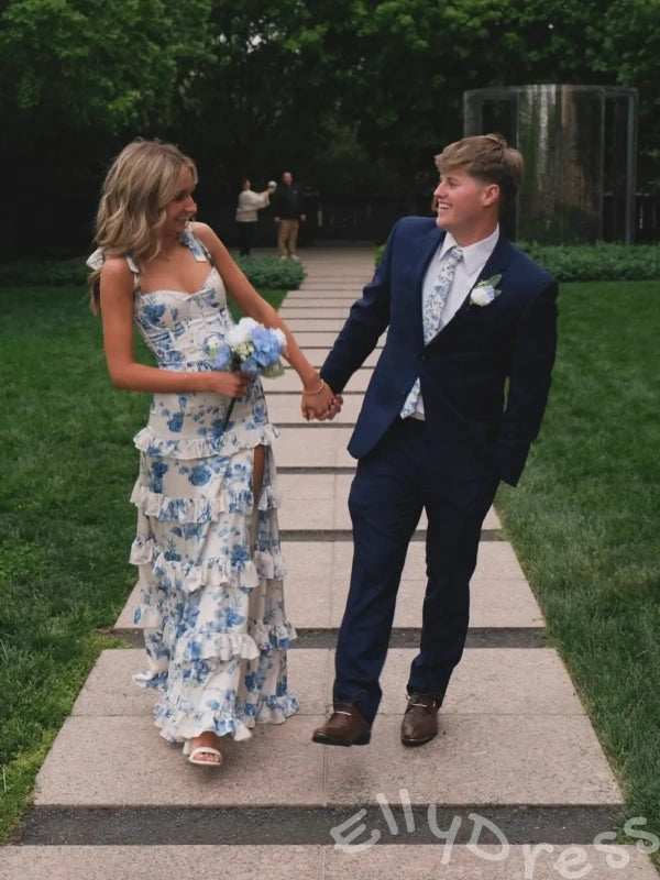 Blue Floral Print Wide Tie Strap Sweetheart Five-Tier Ruffle A-Line Prom Dress with Bow Shoulder Straps Corset Bodice and Open Back