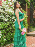Emerald Green Double Spaghetti Strap V-Neck Chiffon Mermaid Prom Dress with Ruffle Bodice Tiered Layered Skirt and Lace-Up Back