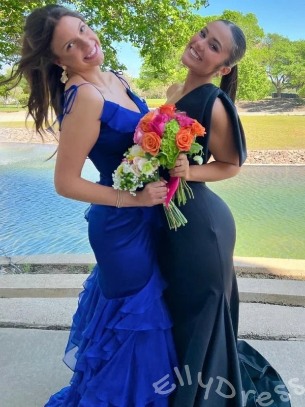 Emerald Green Double Spaghetti Strap V-Neck Chiffon Mermaid Prom Dress with Ruffle Bodice Tiered Layered Skirt and Lace-Up Back