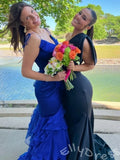 Emerald Green Double Spaghetti Strap V-Neck Chiffon Mermaid Prom Dress with Ruffle Bodice Tiered Layered Skirt and Lace-Up Back