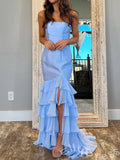 Sky Blue Strapless Mermaid Prom Dress with Layered Ruffle Hem Lace-Up Back and High Slit