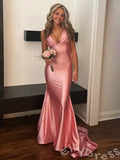 Pink Wide Strap V-Neck Satin Mermaid Prom Dress with Ruched Bust Open Back Lace-Up and Sweep Train