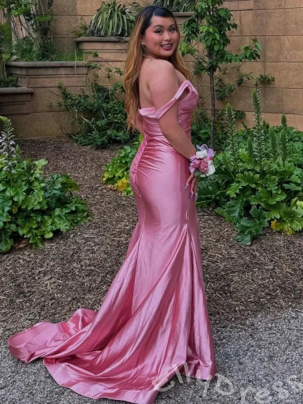 Pink Wide Strap V-Neck Satin Mermaid Prom Dress with Ruched Bust Open Back Lace-Up and Sweep Train