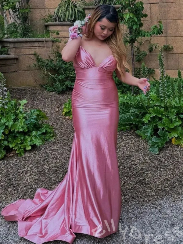 Pink Wide Strap V-Neck Satin Mermaid Prom Dress with Ruched Bust Open Back Lace-Up and Sweep Train