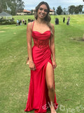 Champagne Yellow Spaghetti Strap Cowl Neck Satin Mermaid Prom Dress with Sheer Crystal Corset Ruched Waist High Slit and Lace-Up Back