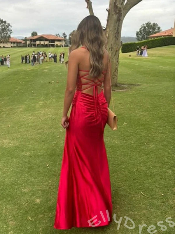 Champagne Yellow Spaghetti Strap Cowl Neck Satin Mermaid Prom Dress with Sheer Crystal Corset Ruched Waist High Slit and Lace-Up Back