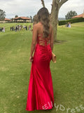 Champagne Yellow Spaghetti Strap Cowl Neck Satin Mermaid Prom Dress with Sheer Crystal Corset Ruched Waist High Slit and Lace-Up Back