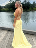 Champagne Yellow Spaghetti Strap Cowl Neck Satin Mermaid Prom Dress with Sheer Crystal Corset Ruched Waist High Slit and Lace-Up Back
