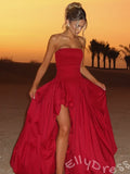 Burgundy Strapless Straight Neck Satin Bubble Ball Gown Prom Dress with Ruched Bust Voluminous Gathered Skirt Asymmetric High Slit and Lace-Up Back