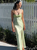 Sage Green Spaghetti Strap Ruched Crossover Bust Satin Prom Dress with High Slit Lace-Up Back and Tea Length