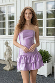 Lavender Satin Strapless Mini Dress Lace Up Back Double Ruffle Hem Short Bodycon Homecoming Dress