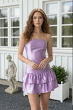 Lavender Satin Strapless Mini Dress Lace Up Back Double Ruffle Hem Short Bodycon Homecoming Dress