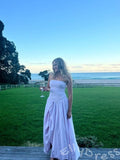 Fuchsia Strapless Straight Neck Satin Vertical Ruched Bodice Oversized A-Line Ball Gown Prom Dress with Drop Waist Front High Slit and Minimalist French Style