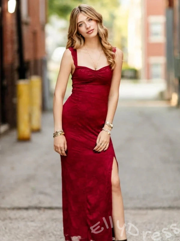 Lilac Ruffle Strap Sweetheart Lace Sheath Prom Dress with Twist Bust High Slit Open Back and Lace-Up