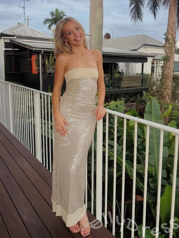 Champagne Gold Strapless Straight Neck Full Sequin Mermaid Prom Dress with Satin Trim Bust Fitted Waist Back Slit and Open Back