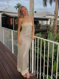 Champagne Gold Strapless Straight Neck Full Sequin Mermaid Prom Dress with Satin Trim Bust Fitted Waist Back Slit and Open Back