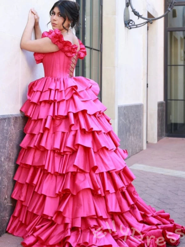 Daffodil Yellow Off-Shoulder Sweetheart Corset Tiered Cake Ball Gown Prom Dress with 3D Floral Shoulder Eight-Layer Ruffles Hi-Low Hem Lace-Up Back and Sweep Train