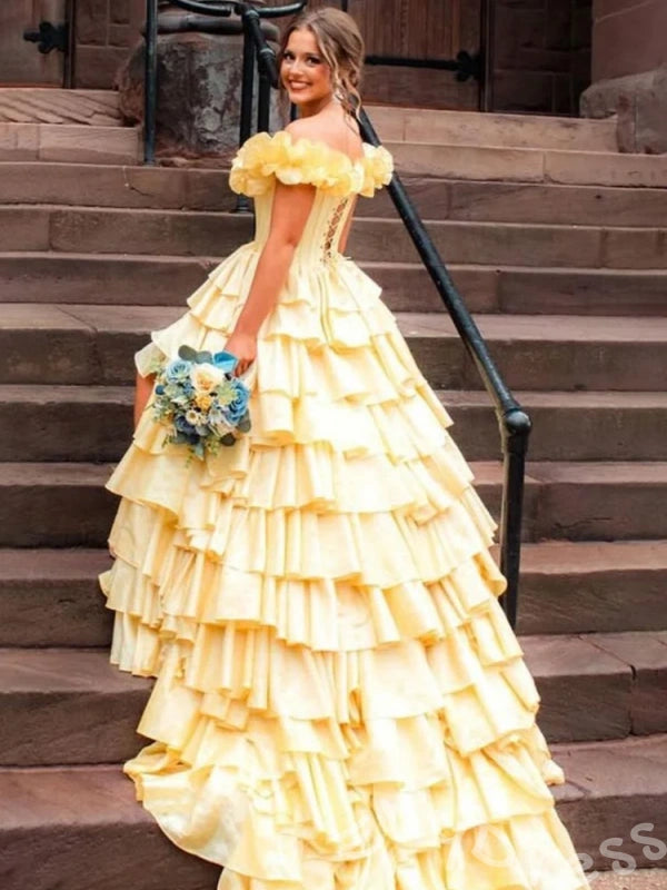 Daffodil Yellow Off-Shoulder Sweetheart Corset Tiered Cake Ball Gown Prom Dress with 3D Floral Shoulder Eight-Layer Ruffles Hi-Low Hem Lace-Up Back and Sweep Train