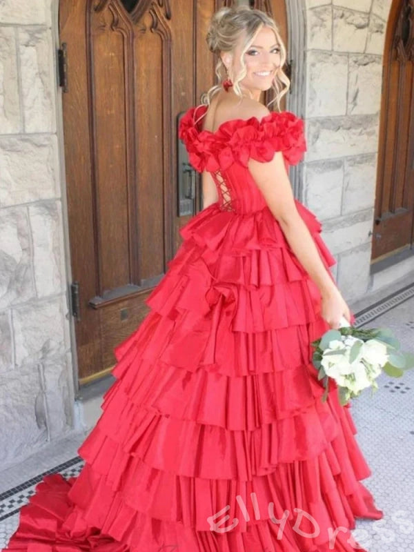 Daffodil Yellow Off-Shoulder Sweetheart Corset Tiered Cake Ball Gown Prom Dress with 3D Floral Shoulder Eight-Layer Ruffles Hi-Low Hem Lace-Up Back and Sweep Train