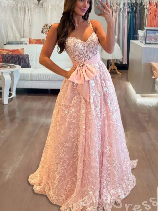 Blush Pink Wide Strap Sweetheart Floral Lace A-Line Prom Dress with Oversized Bow Waist Lace-Up Corset Back and Sweep Train